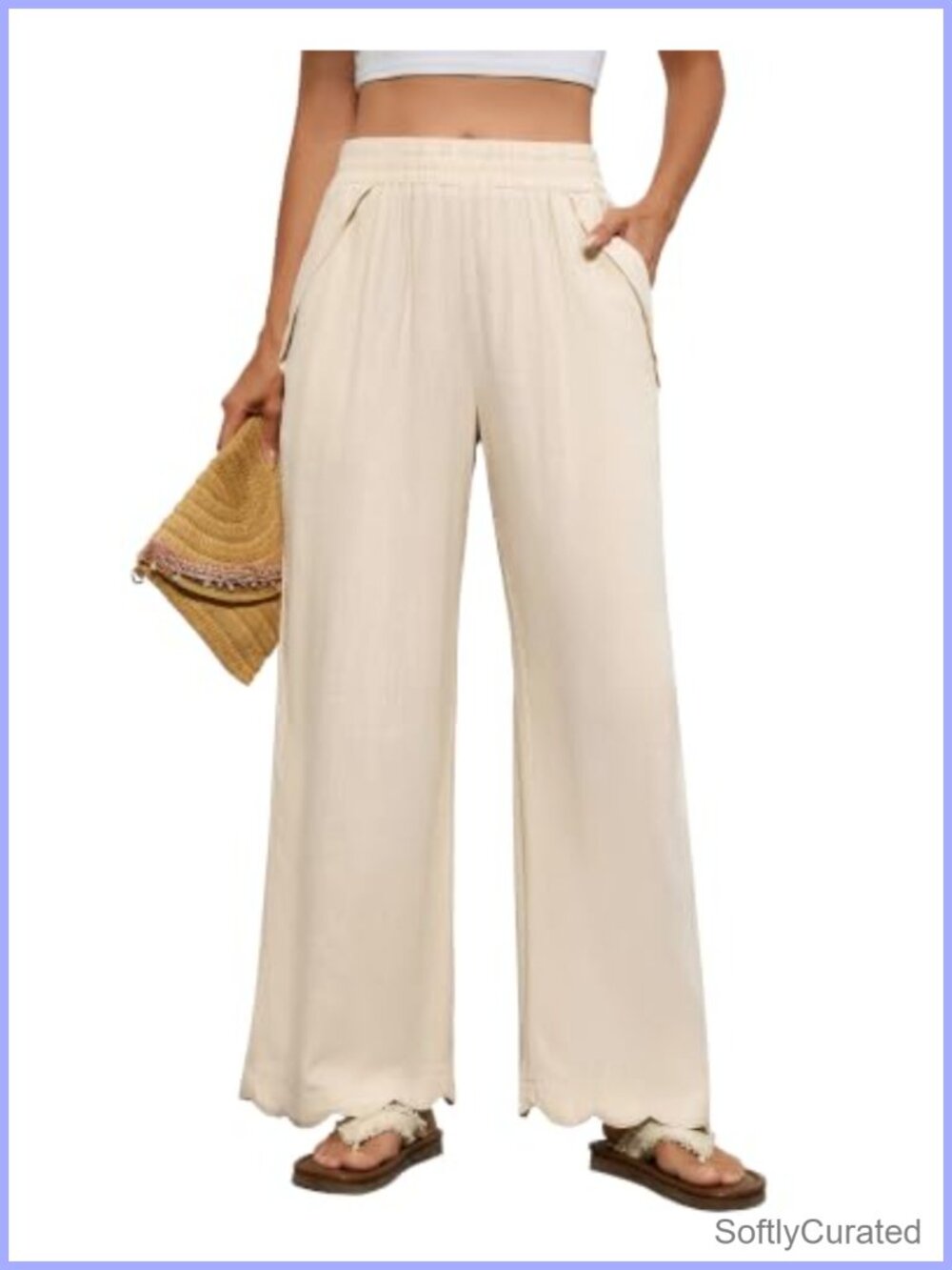 Womens Cotton Linen Palazzo Pants Wide Leg Scalloped Hem Trousers